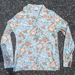 Vintage 1970s Koala Floral Polyester Novelty Print Button Down Shirt L Retro VTG